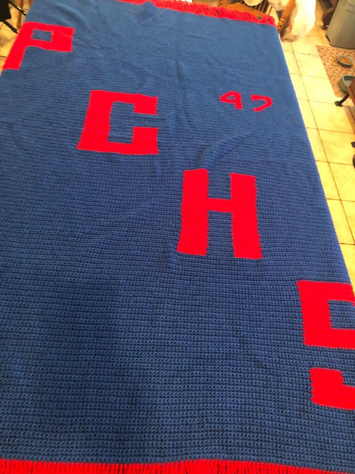 Vintage Handmade Blue & Red Crochet with PCHS 47 Blanket 55" x 74" gallery