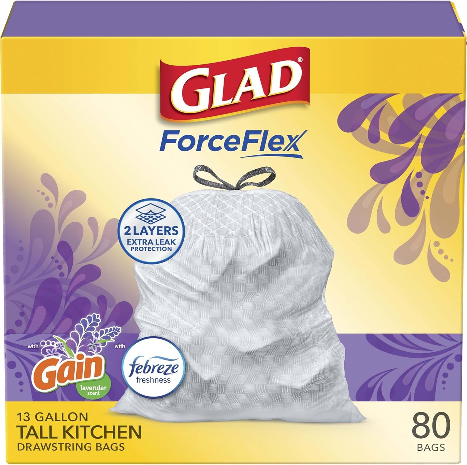 Glad ForceFlex Tall Kitchen Drawstring Trash Bags, 13 Gal, Gain Lavender, 80 Ct gallery