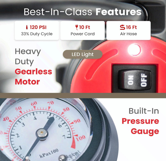 88P Portable Compressor Kit, Tire Inflator Pump 12V 120 PSI for 33in Tires Max33 gallery