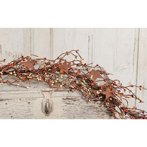 NEW Primitive Pip Berry Garland w/ Rusty 2" Stars PUMPKIN SPICE BERRIES 40" gallery