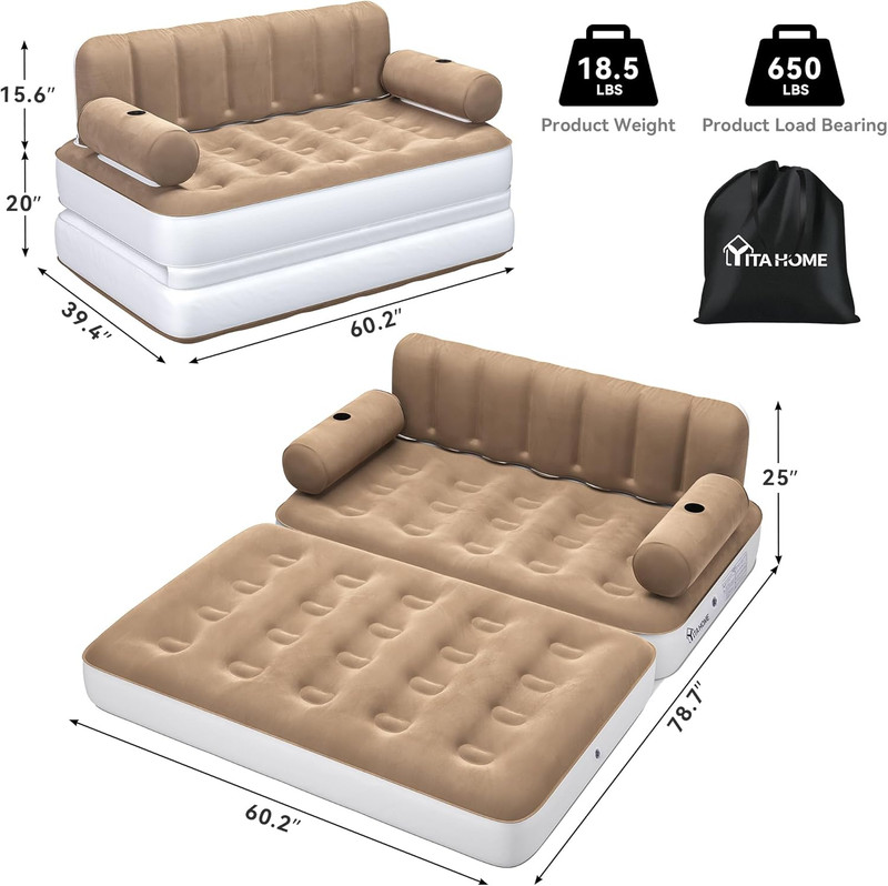 Queen Size Inflatable Sofa Bed with Headboard and Pump, Convertible Blow up Couc gallery
