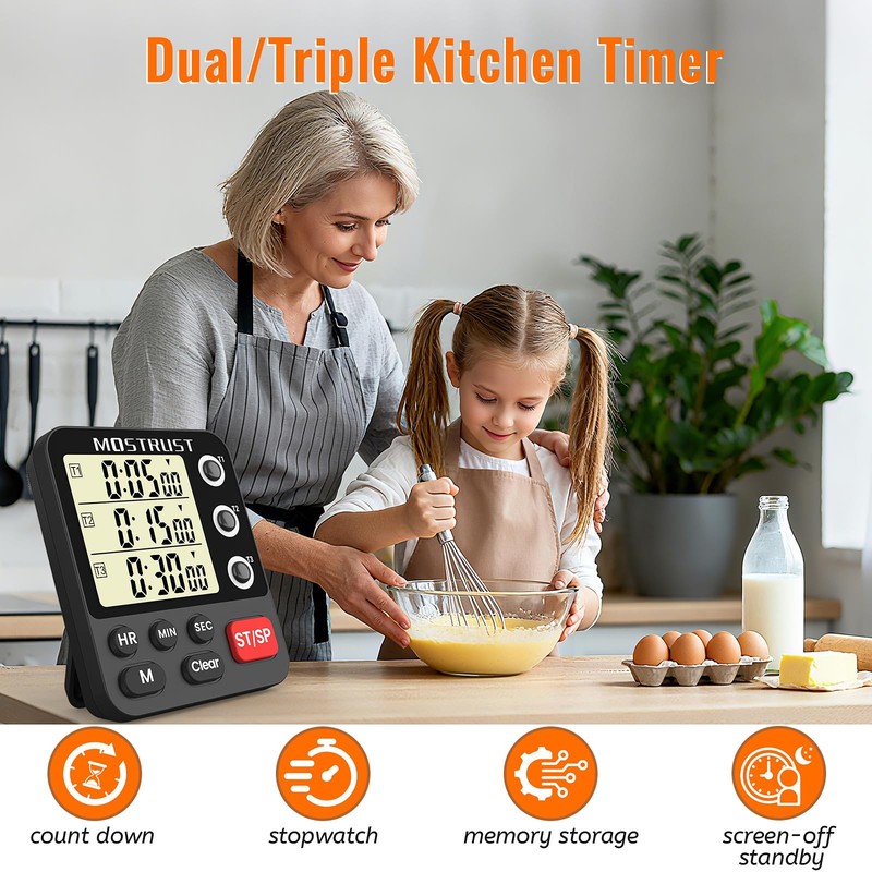 MOSTRUST Digital Dual Kitchen Timer, 3 Channels Triple Countdown 318, Black gallery