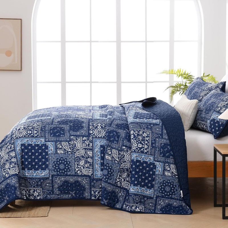 Blue Patchwork Quilt Set Queen Size,Boho Navy Blue Quilt Set,Paisley Farmhouse B gallery