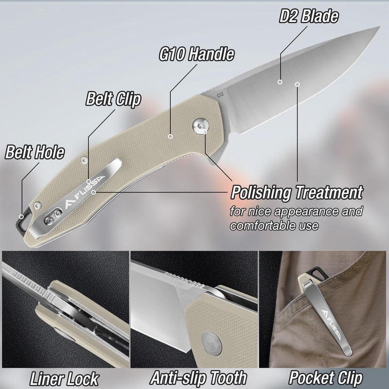 FLISSA Pocket Folding Tactical Knife D2 Blades Liner Lock EDC Knife W/G10 Handle gallery