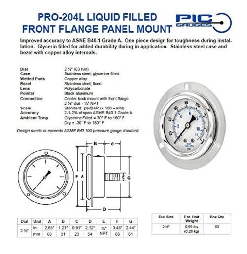 PRO-204L-254F Panel Mount Front Flanged Glycerin Filled Industrial 0 - 160 PSI gallery