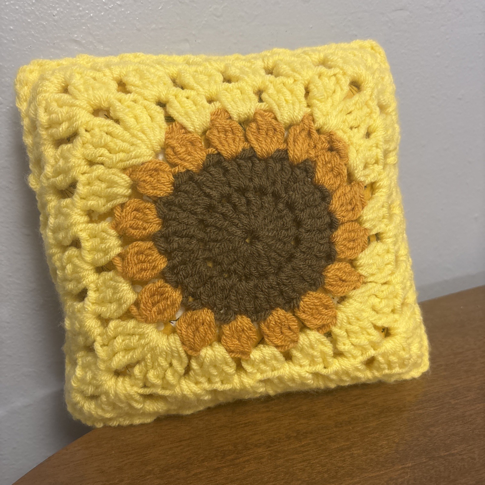 Crocheted Granny Square Farmhouse Core Throw Pillow 9”x9” Sunflower gallery