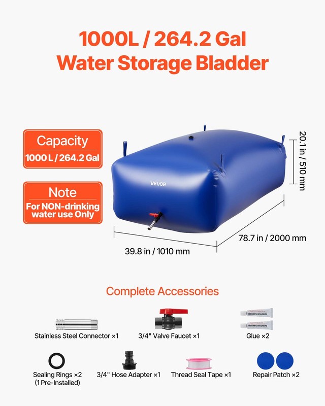 VEVOR Water Storage Bladder 264.2 Gal Foldable PVC Water Bag for Outdoor Garden gallery