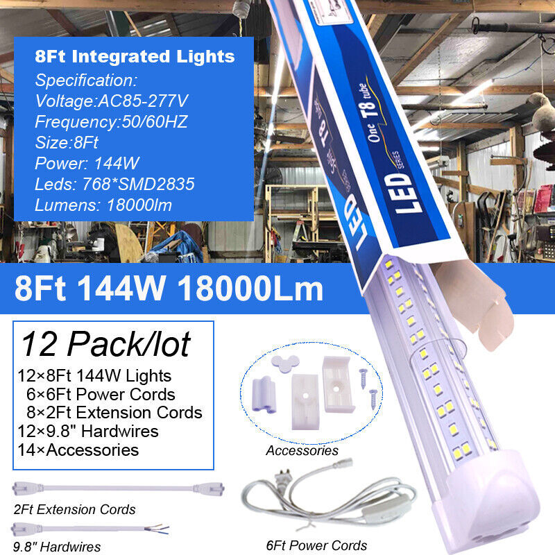 12Pack LED Shop Light 8FT T8 Integrated Single Fixture 144W 18000lm 6500K White gallery