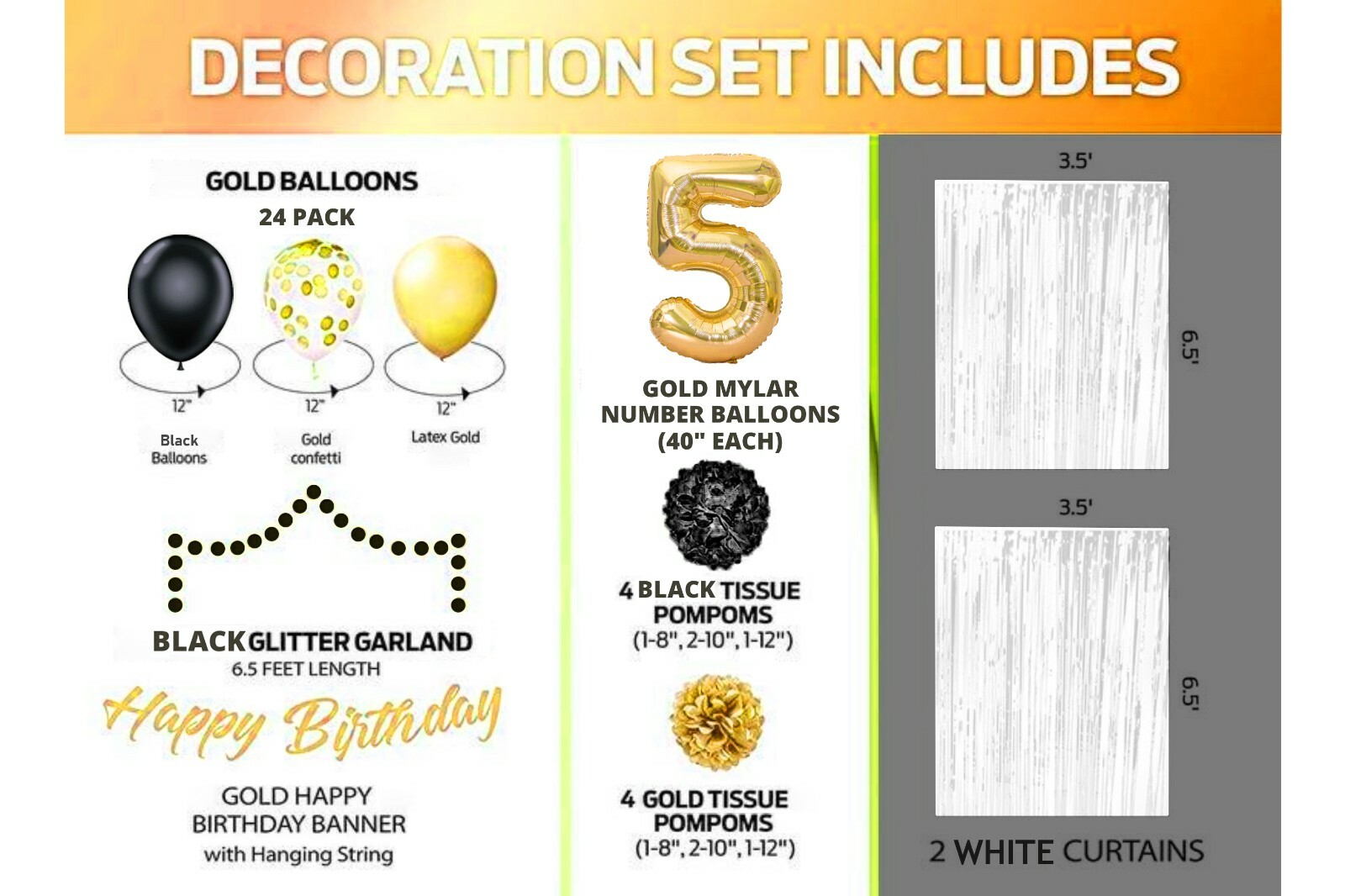 Gold & Black 5th Birthday Decorations - 40" Number Balloons & More - Boy or Girl gallery