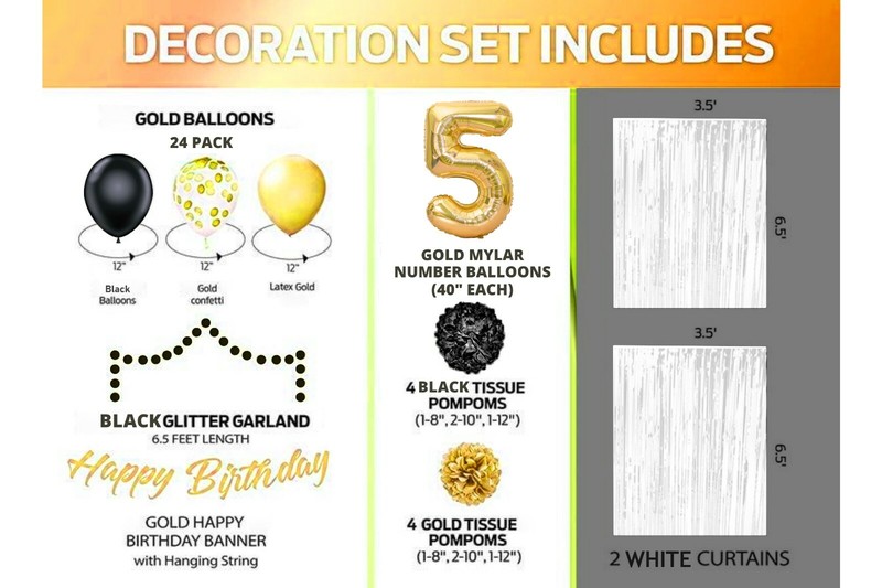 Gold & Black 5th Birthday Decorations - 40" Number Balloons & More - Boy or Girl gallery