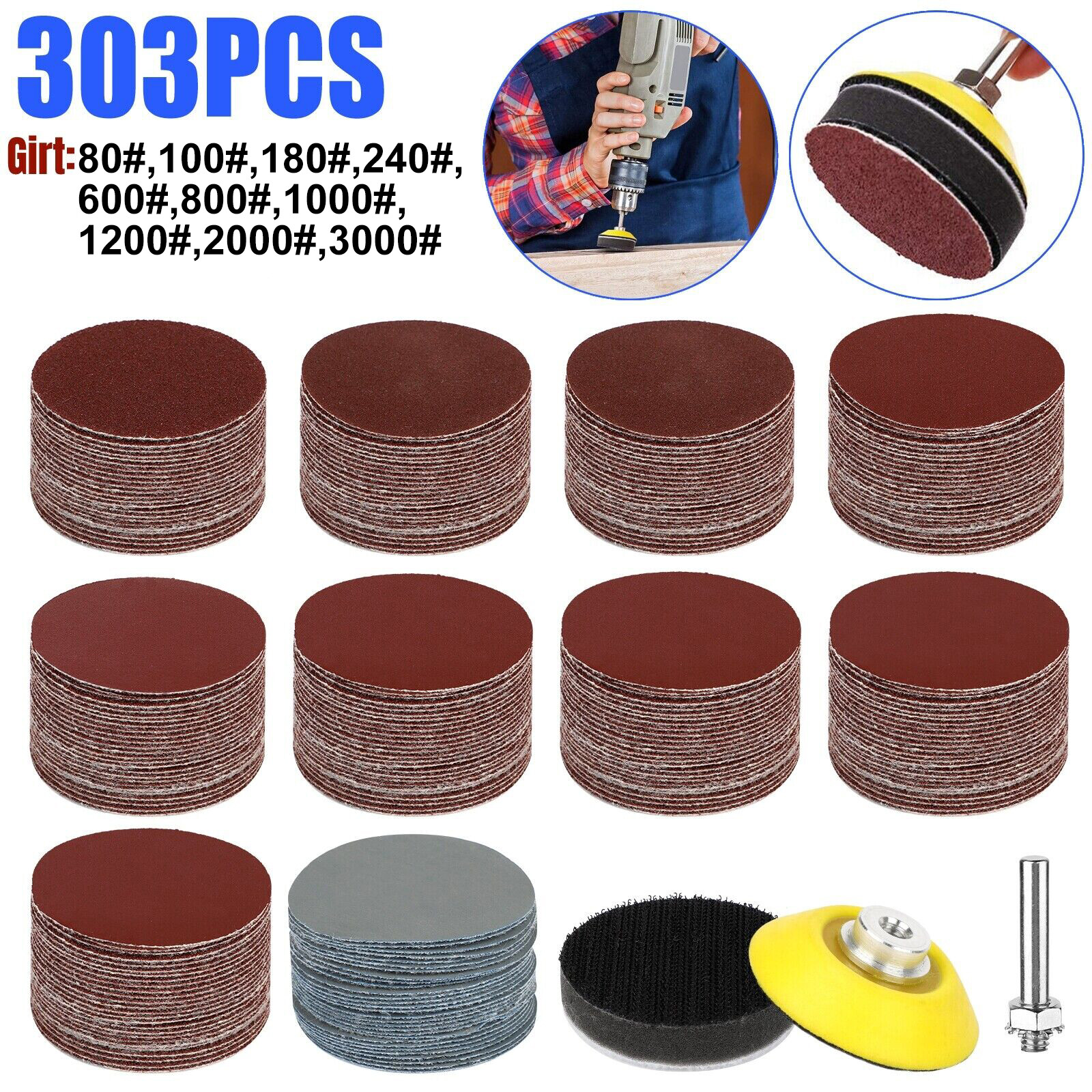 303PC 2 inch Sanding Discs Dry Hook Loop 80-3000 Grit for Drill Die Grinder US gallery