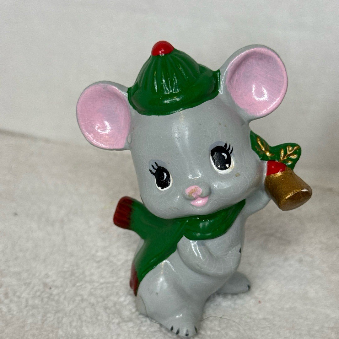 Vintage 1980's Ceramic Hand-painted Christmas Mouse and Hound Dog Figures 4" gallery