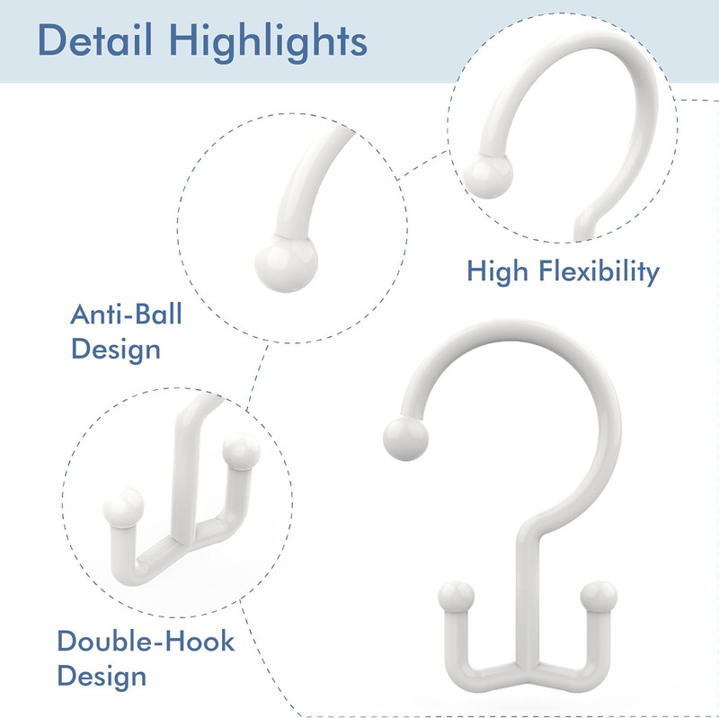 Plastic Double Shower Curtain Hooks,12Pcs Bathroom Shower Curtain Hooks, Smooth gallery