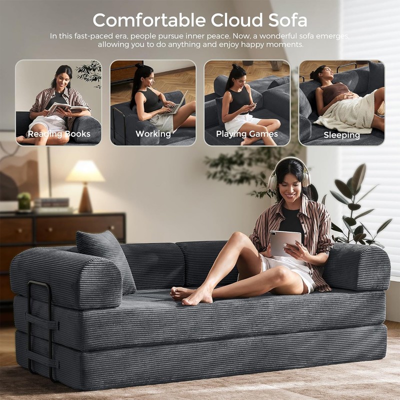 Sectional Sofa Bed Comfy Boneless Modular Corduroy Sofa Couch Convertible 4 in 1 gallery