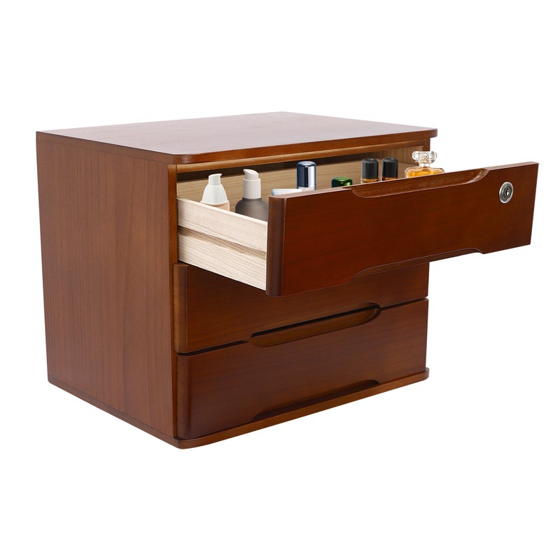 3-Tier File Cabinet Organizer Walnut Desktop Storage Box with Lockable 3 Drawers gallery