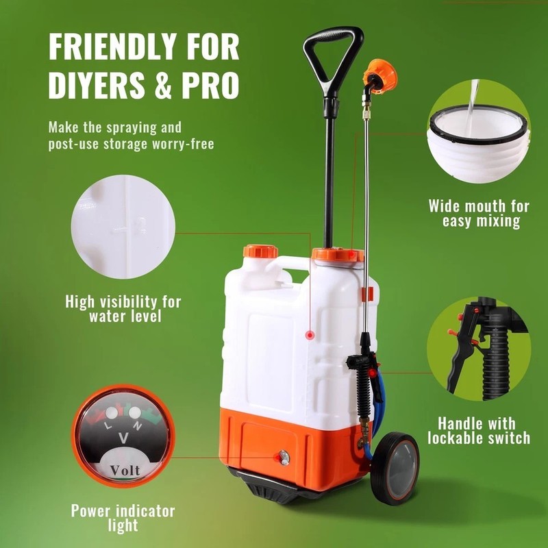 Battery Powered Backpack Sprayer with Wheel 4 Gal Tank 0-94 PSI Adjustable gallery