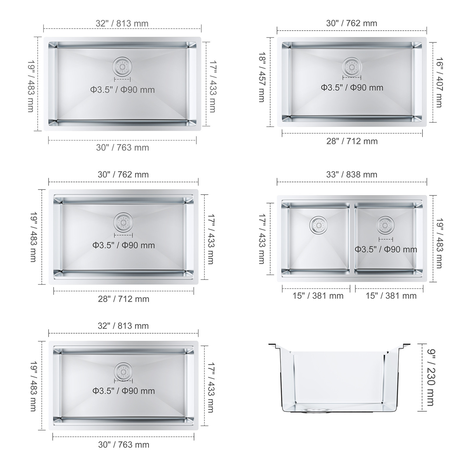 VEVOR 30"/32"/33" Drop in Undermount Kitchen Sink Single/Double Bowl Stainless gallery