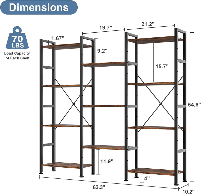Rustic 3-Column Wide Bookshelf with Adjustable Shelves for Home & Office gallery