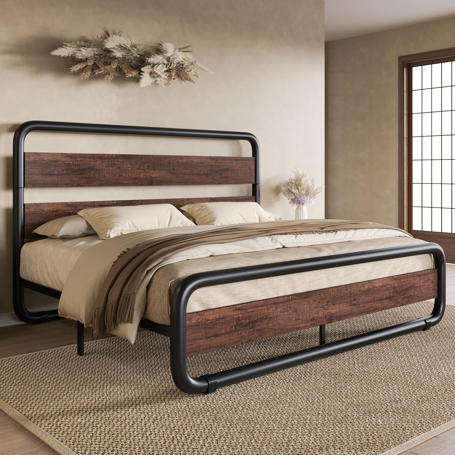 SHA CERLIN Queen Metal Bed Frame with Wood Headboard gallery
