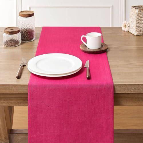 Linen Textured Border Table Runner, 14 x 48 Inch Farmhouse 14x48 Inch Hot Pink gallery