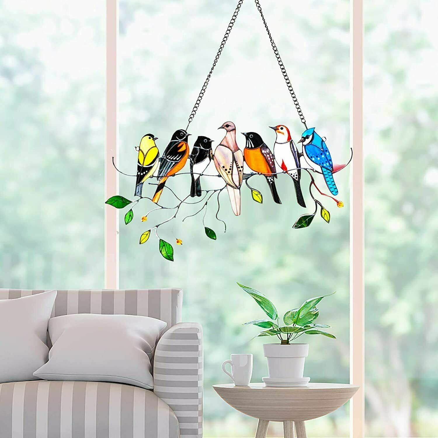 Multicolor 7 Birds on a Wire High Suncatcher Window Panel Hanging Home Decor gallery