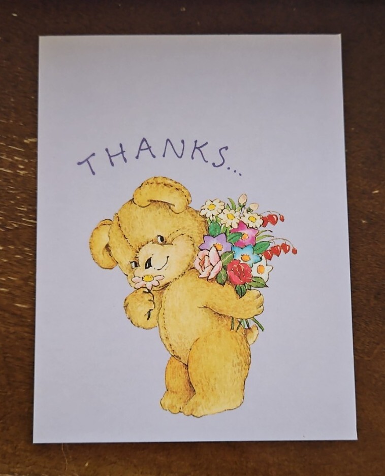 American Greetings Forget Me Not thank you notecard, teddy bear with flowers gallery