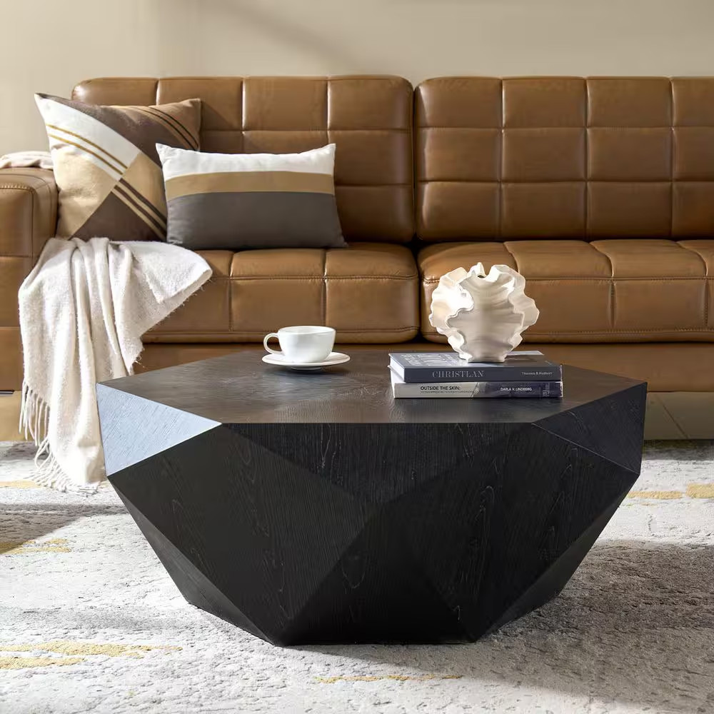Ismael 39 In. Black Geometric Design Marble-Top Coffee Table Fully Assembled on gallery