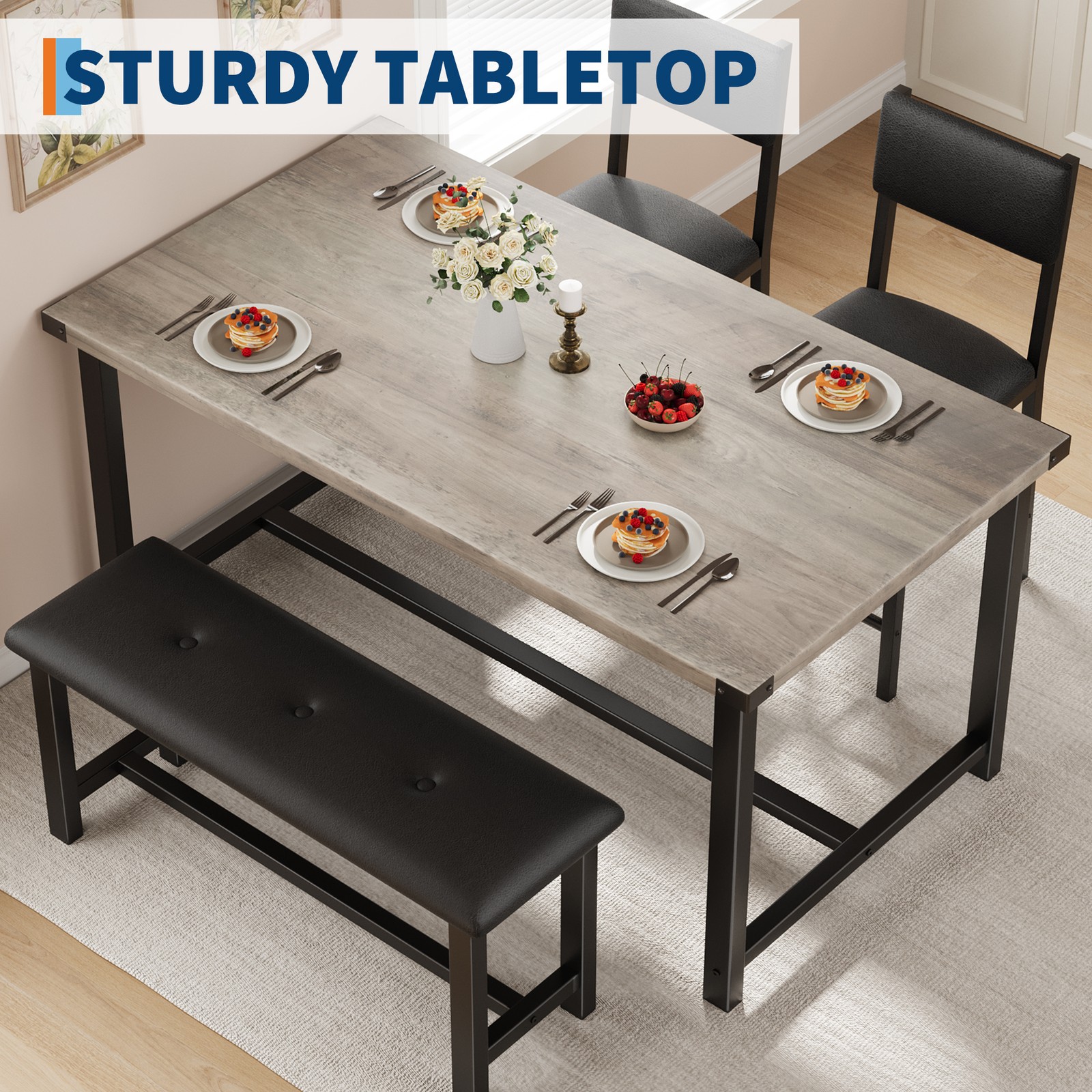 Space-Saving Modern Dining Table Set for 4, Kitchen Table with Bench & 2 Chairs gallery