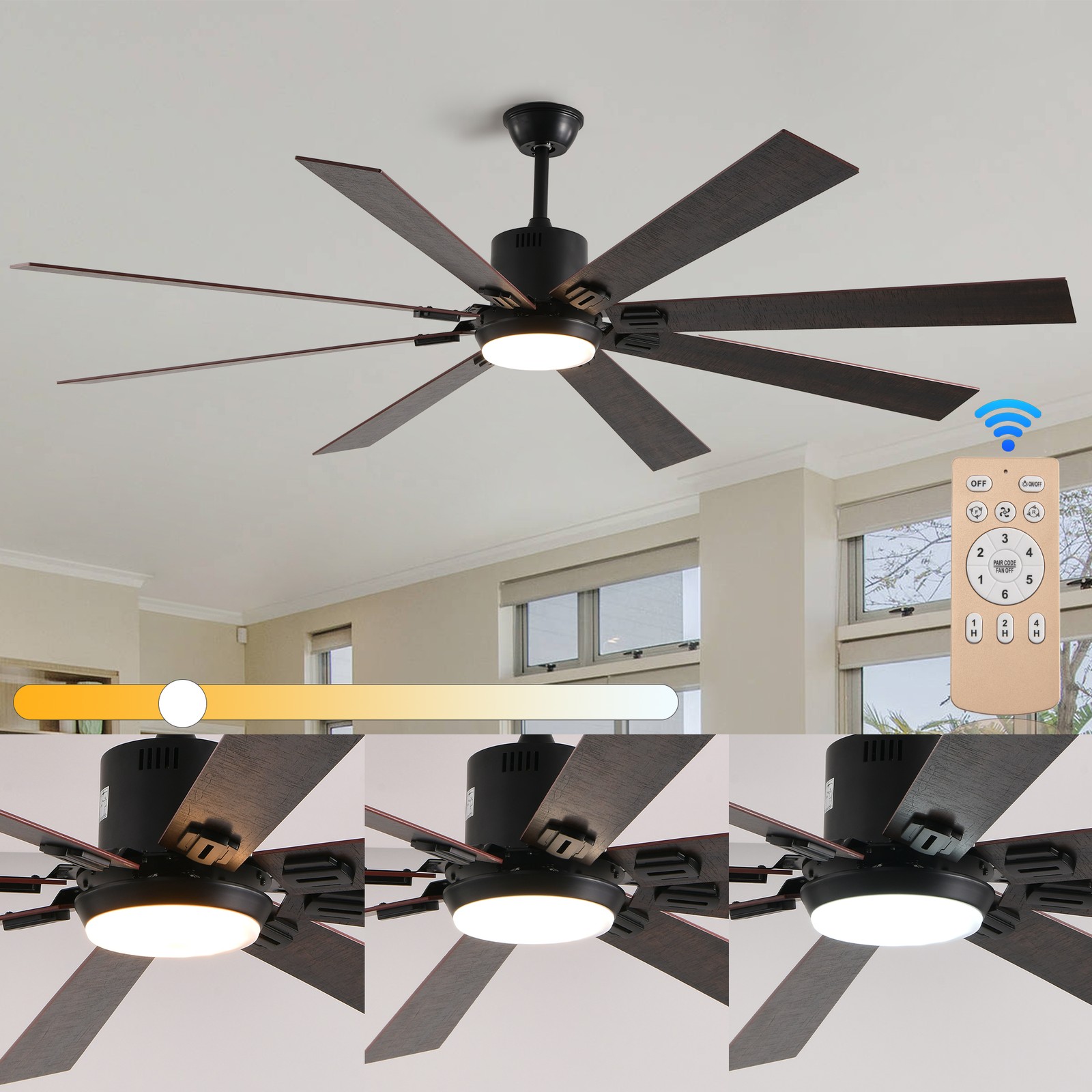 72'' Walnut Black Ceiling Fan with Light & Remote 6 Speeds 3CCT Reversible Motor gallery
