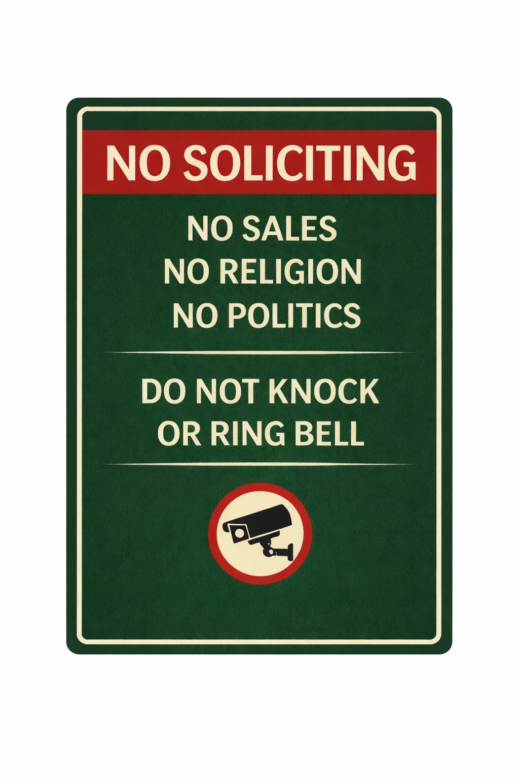 No Soliciting Sign with Security Camera – No Sales Religion Politics 8x12Aluminu gallery