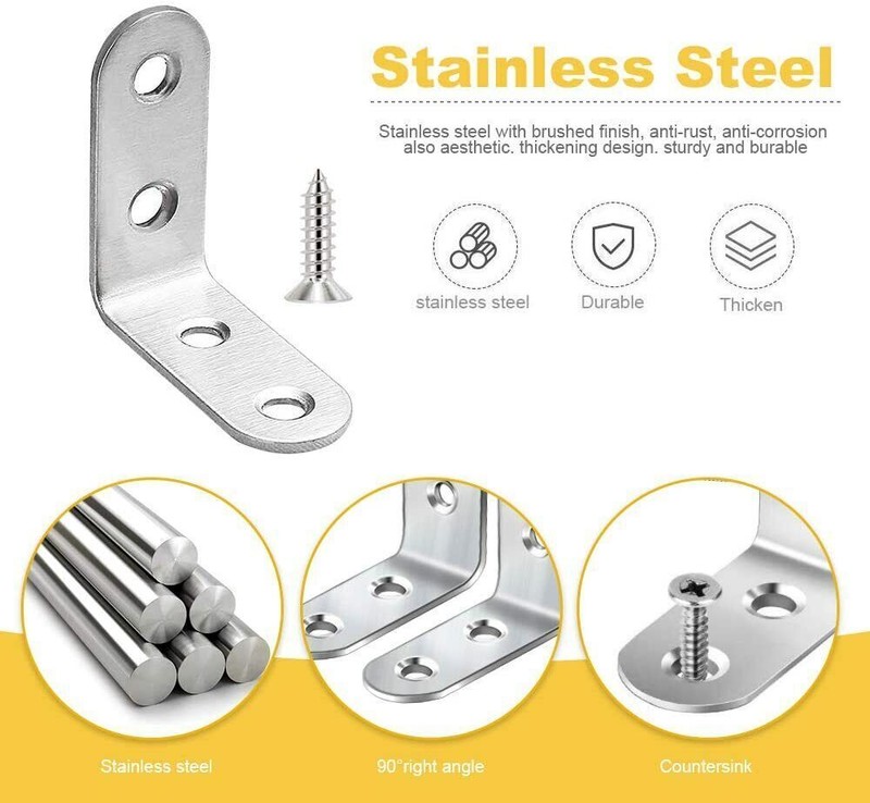 Lot L-Shaped Bracket Corner Brace Silver Stainless Steel Right Angle w/ Screws gallery