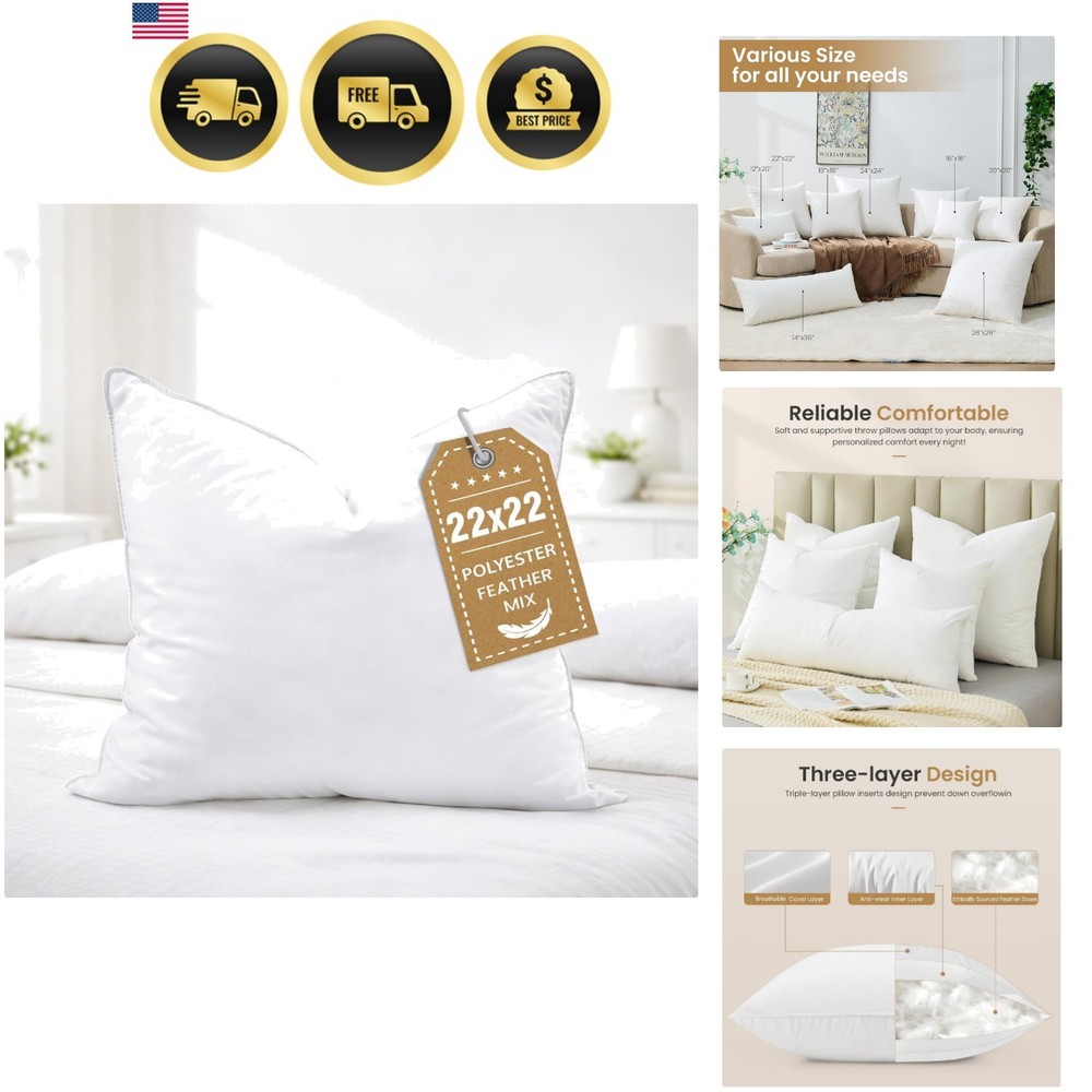 22x22 Throw Pillow Insert Down Feather Pillow Insert Soft White Bedroom Couch