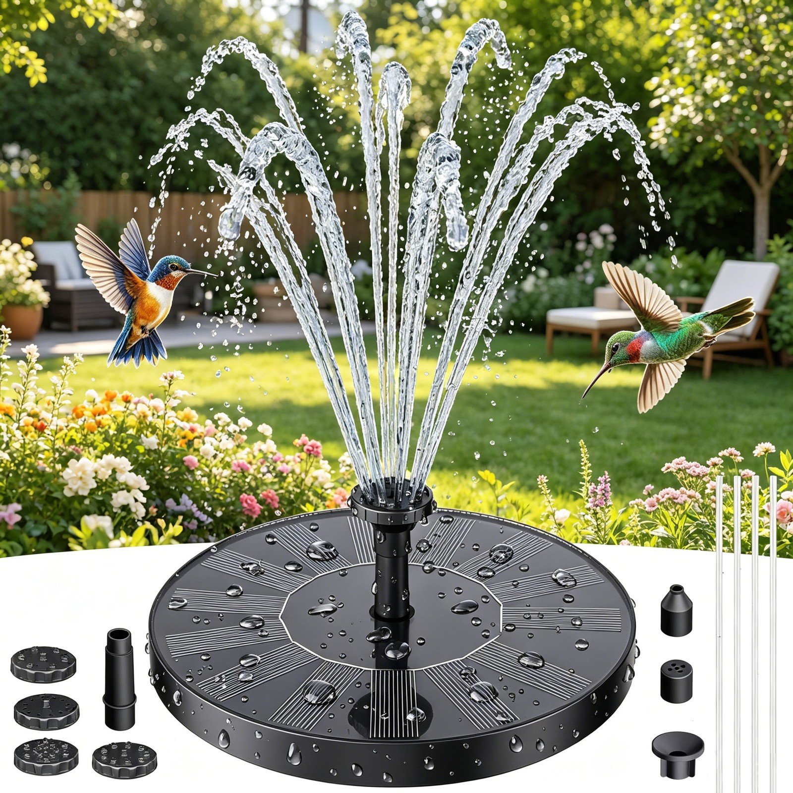 Upgrade Circular Bird Bath Water Pump with 6 Nozzles Floating Water Fountain，a gallery