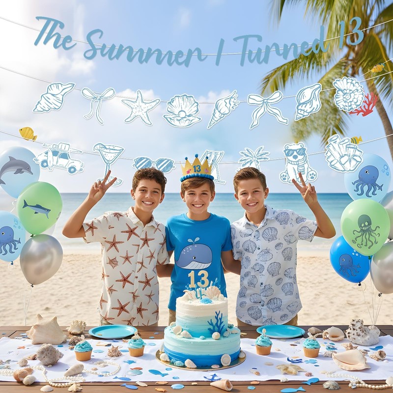 Coastal 13th Birthday Decorations - 3 Pcs Blue Banner & Beach Party Supplies gallery
