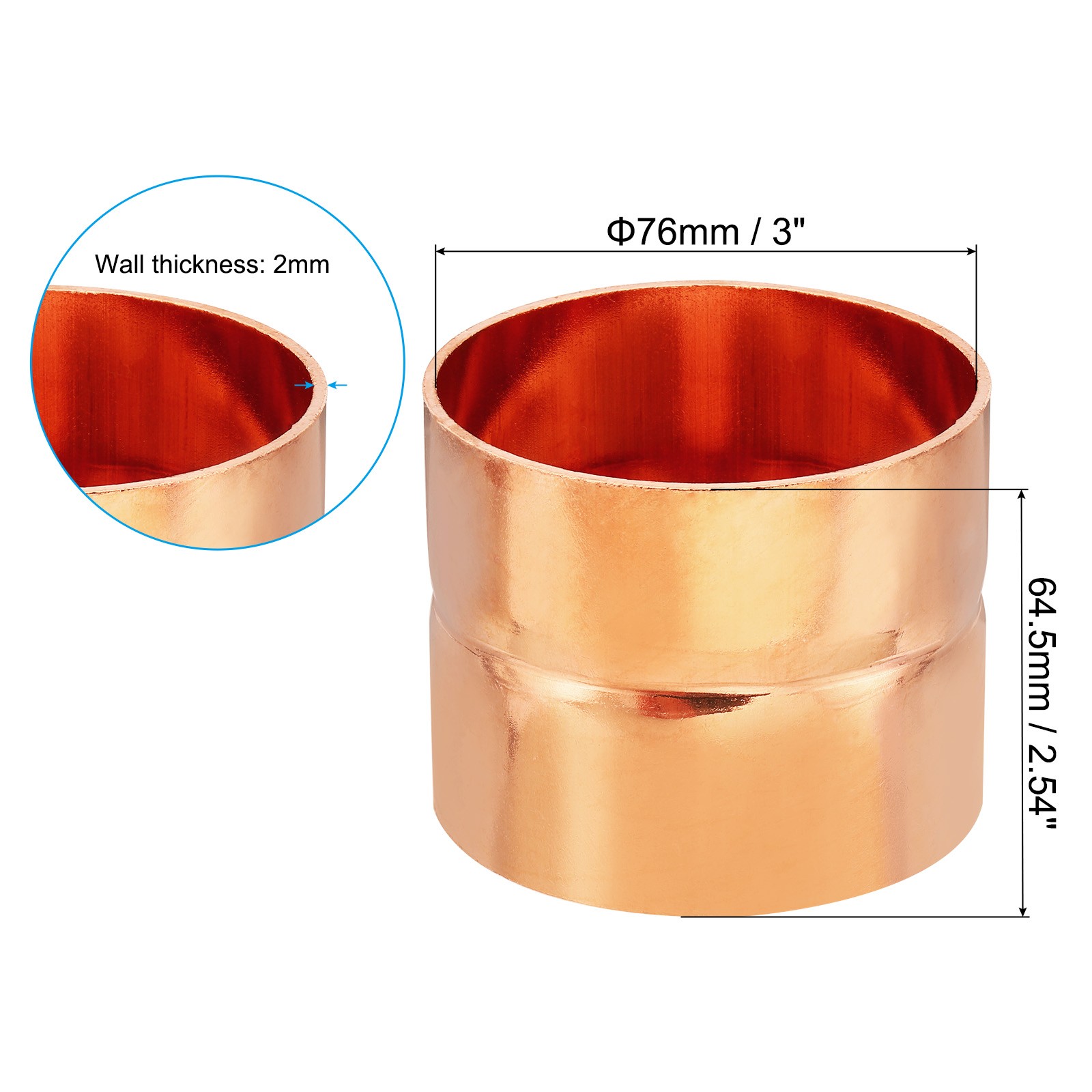 3" ID Copper Coupling Fittings Rolled Tube Stop Straight Pipe Welding Joint gallery