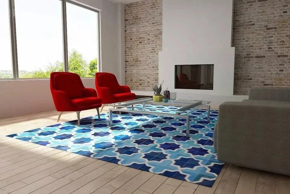 Genuine Leather Patchwork Rug Blue Geometric Moroccan Cowhide Area Rug Modern Ca gallery