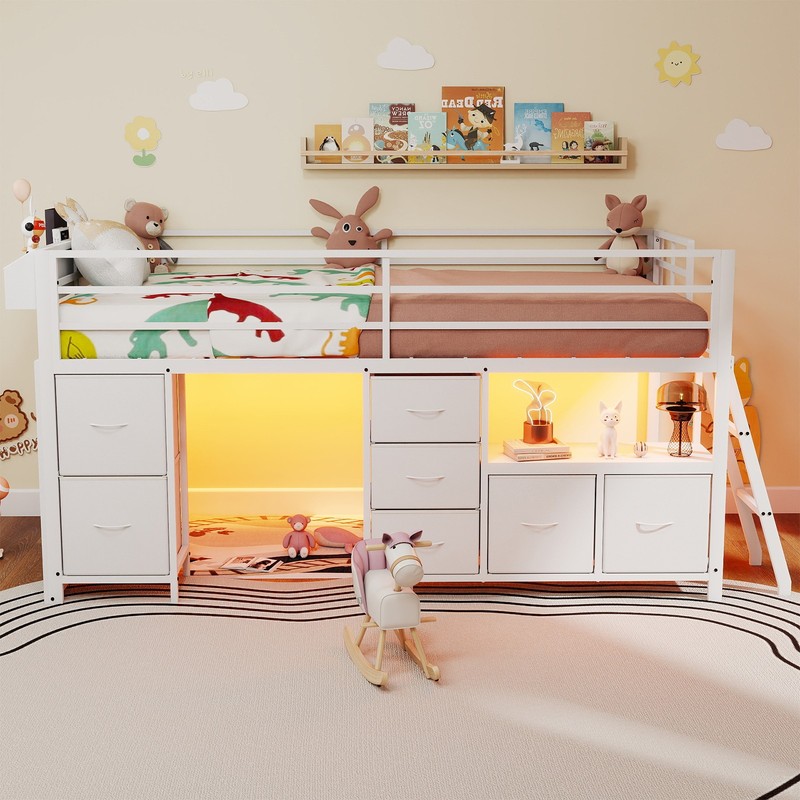 Low Loft Bed Twin Size with 7 Storage Drawers, Bookcase and LED Light，White gallery