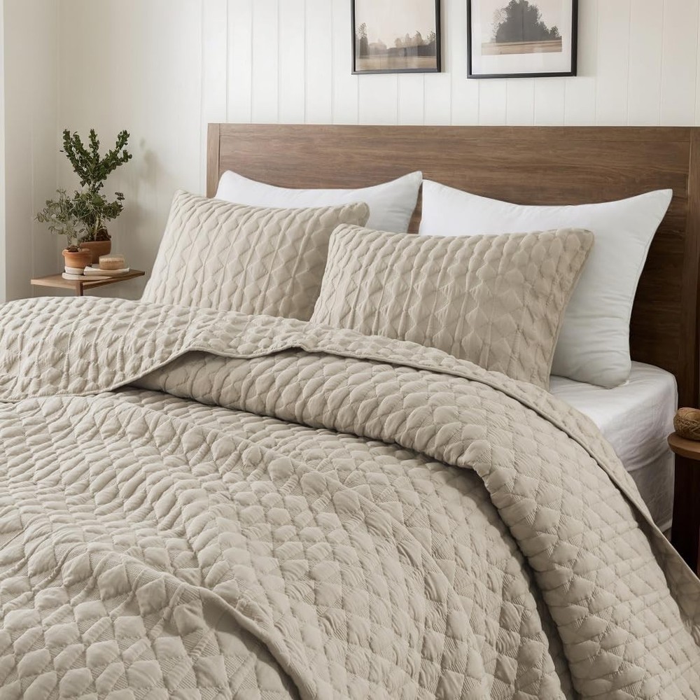 Beige Quilt Queen Size Bedding Sets with Pillow Shams, Lightweight Soft Bedsp...