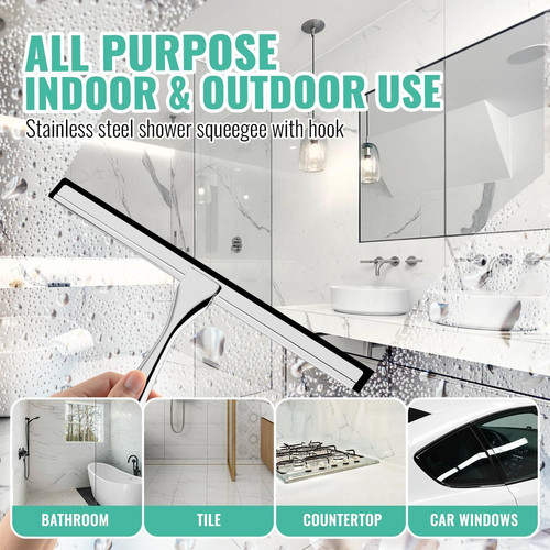Shower Squeegee for Glass Doors with Adhesive Hook, 10inch, Silver gallery