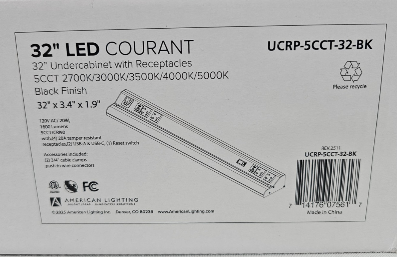 32-Inch LED Undercabinet Light with Receptacles Courant 5CCT Black 20W 1600 Lm gallery