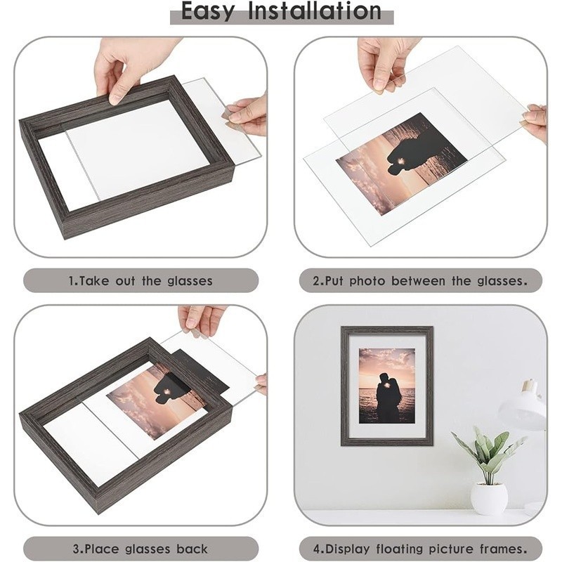 Double Sided Floating Picture Frame Wall Mount Tabletop Easy Install Gift New gallery