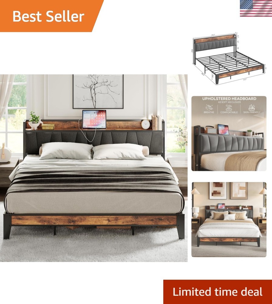 King Size Bed Frame, Storage Headboard with Charging Station, Solid and Stabl...