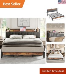 King Size Bed Frame, Storage Headboard with Charging Station, Solid and Stabl…