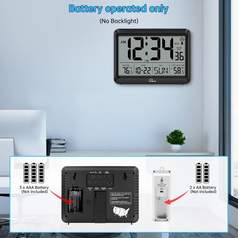 WallarGe Atomic Clock with Indoor Outdoor Temperature, Self-Setting Wall Clock gallery