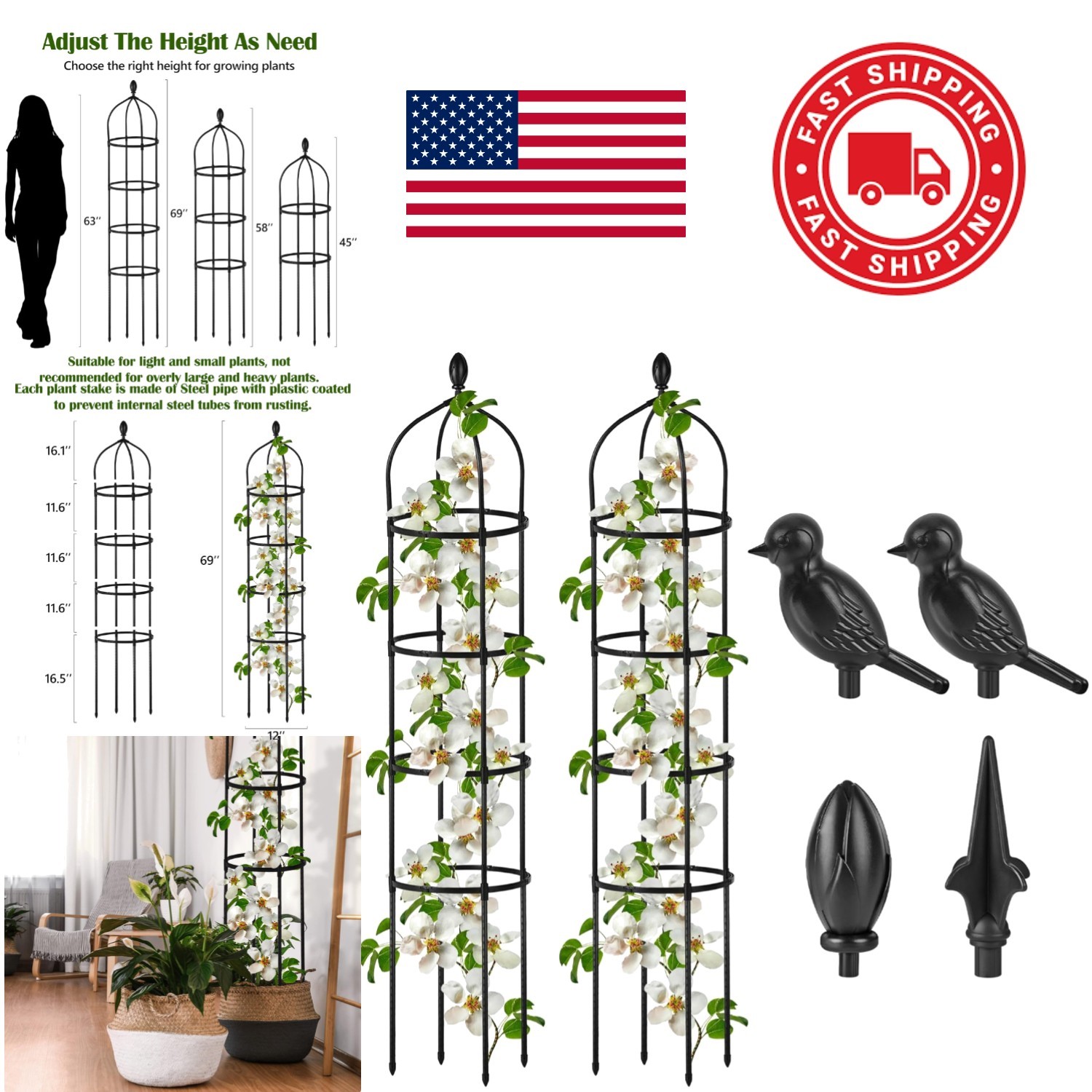 Rustproof Metal Trellis for Climbing Plants 6ft Black Garden Obelisk Support gallery