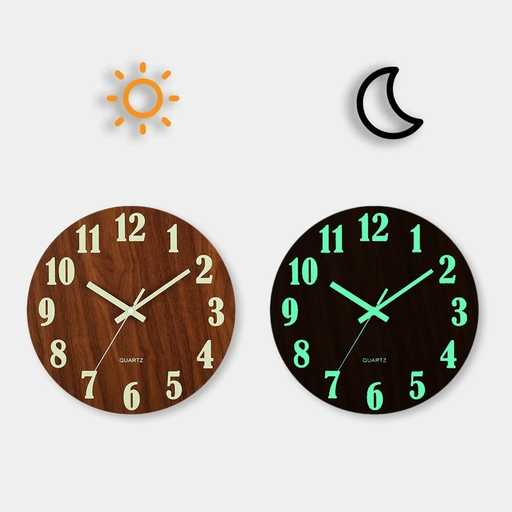 12 Inch Wooden Luminous Wall Clock Silent Glow in Dark Nordic Night Clock USA gallery