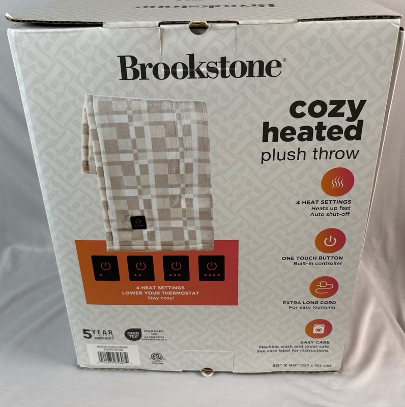 Brookstone Cozy Heated Plush Throw Blanket New In Box 50"x 60" Beige Brown Plaid gallery