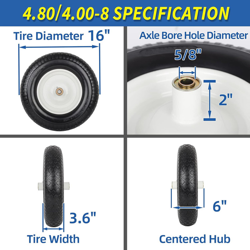 16" Solid Wheelbarrow Tire, 4.80/4.00-8" Flat-Free Tire and Wheel, 6" Centered H gallery