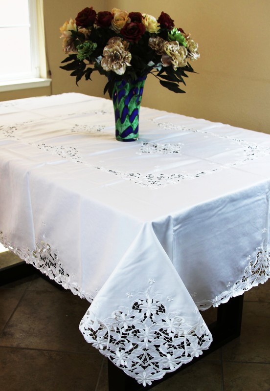 Solid White 54x72" Embroidered Fabric Daisy Cutwork Rectangle Tablecloth Wedding gallery