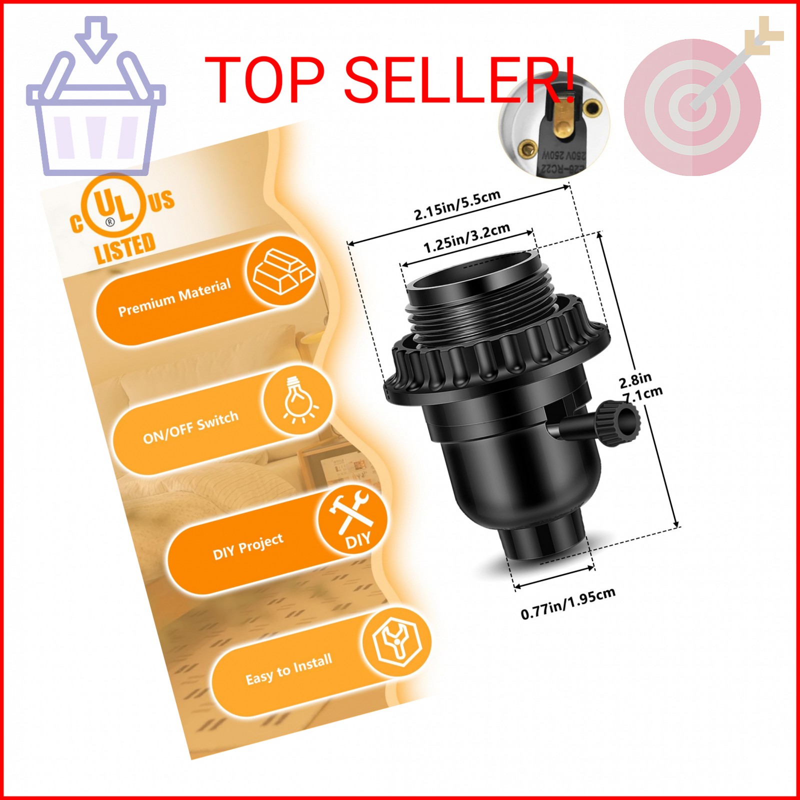UL Listed E26 Light Socket, Threaded Lamp Socket Replacement with ON/Off Switch gallery